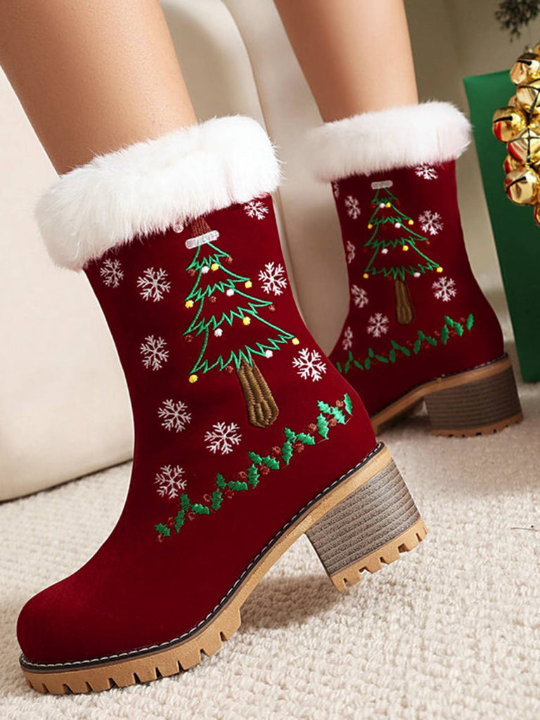 Vintage Christmas Tree Snowflake Plush Chunky Heel Boots - vintage shoes, retro heels