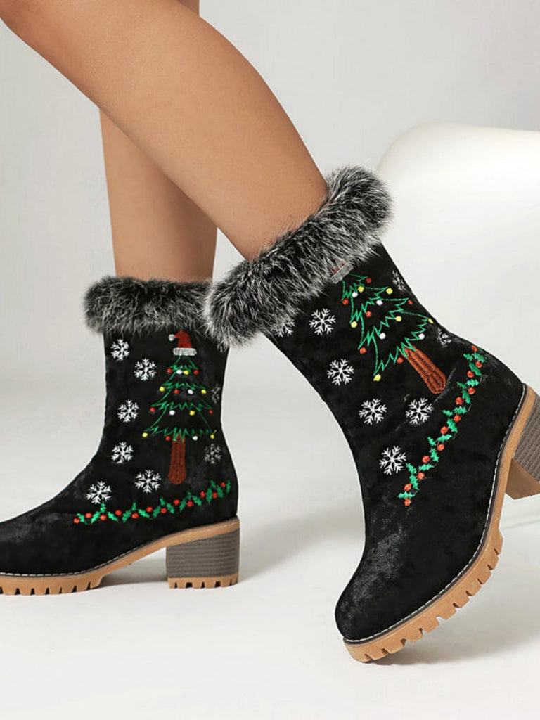 Vintage Christmas Tree Snowflake Plush Chunky Heel Boots - vintage shoes, retro heels