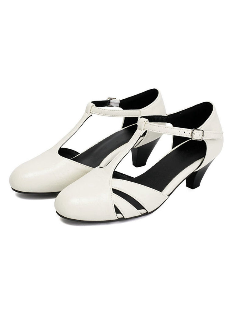 Vintage Closed Toe T-Strap Side Cutout Medium Heels - vintage shoes, retro heels