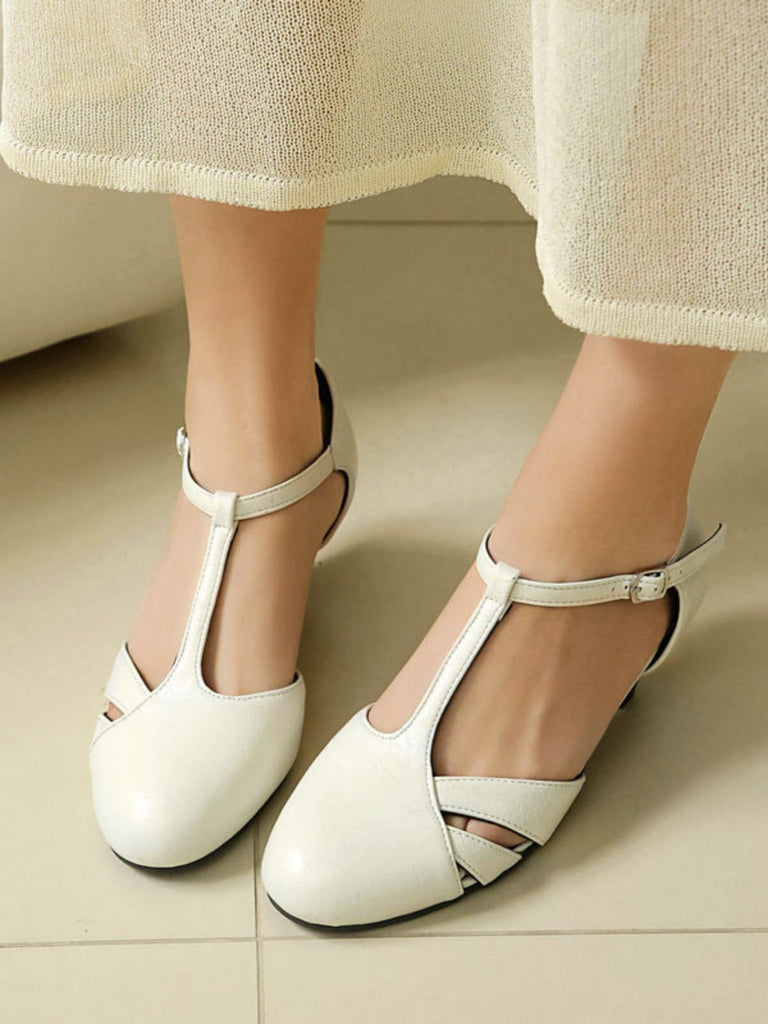 Vintage Closed Toe T-Strap Side Cutout Medium Heels - vintage shoes, retro heels
