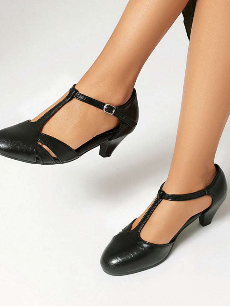 Vintage Closed Toe T-Strap Side Cutout Medium Heels - vintage shoes, retro heels