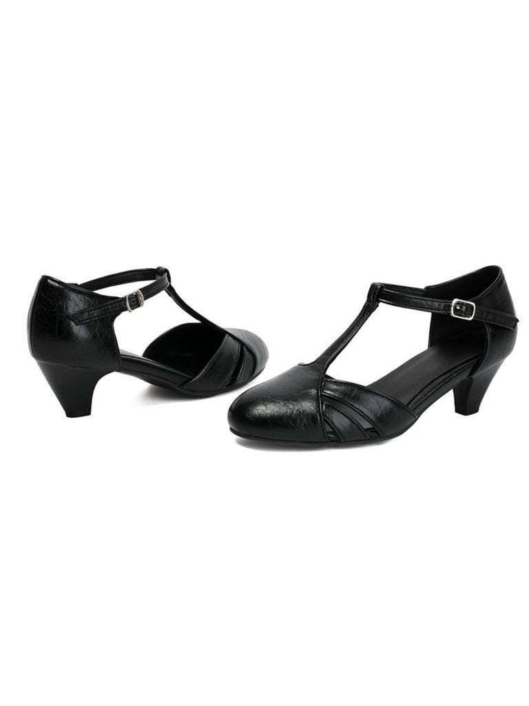 Vintage Closed Toe T-Strap Side Cutout Medium Heels - vintage shoes, retro heels