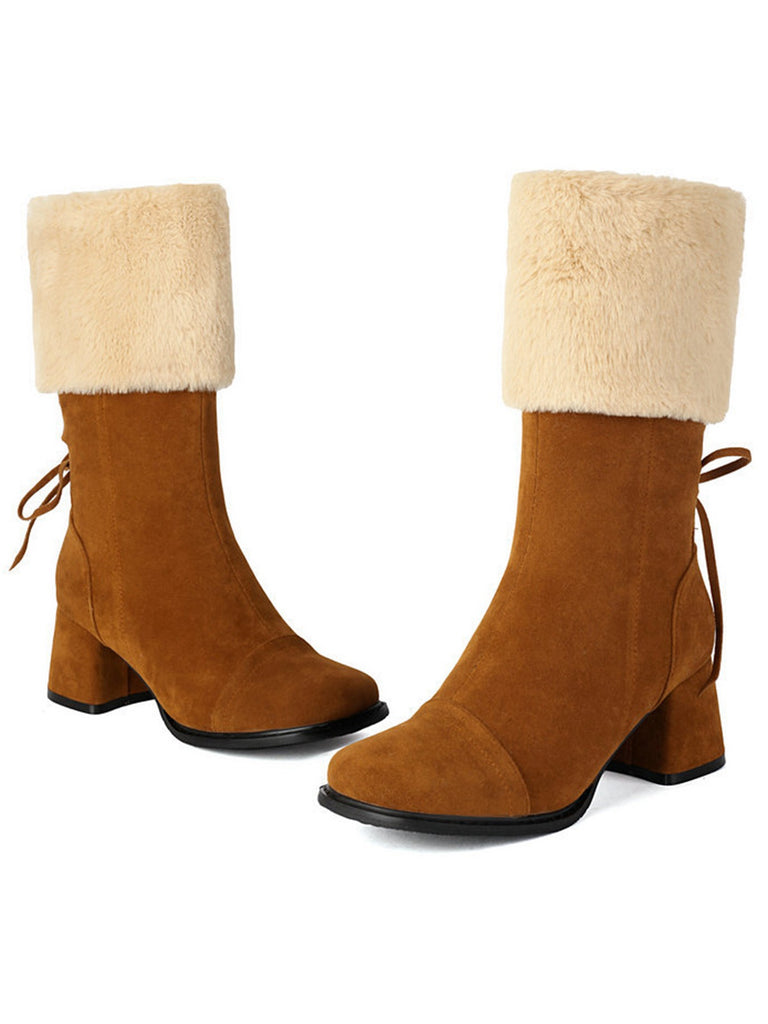Vintage Contrasted Suede Plush Chunky Boots - vintage fashion, retro style