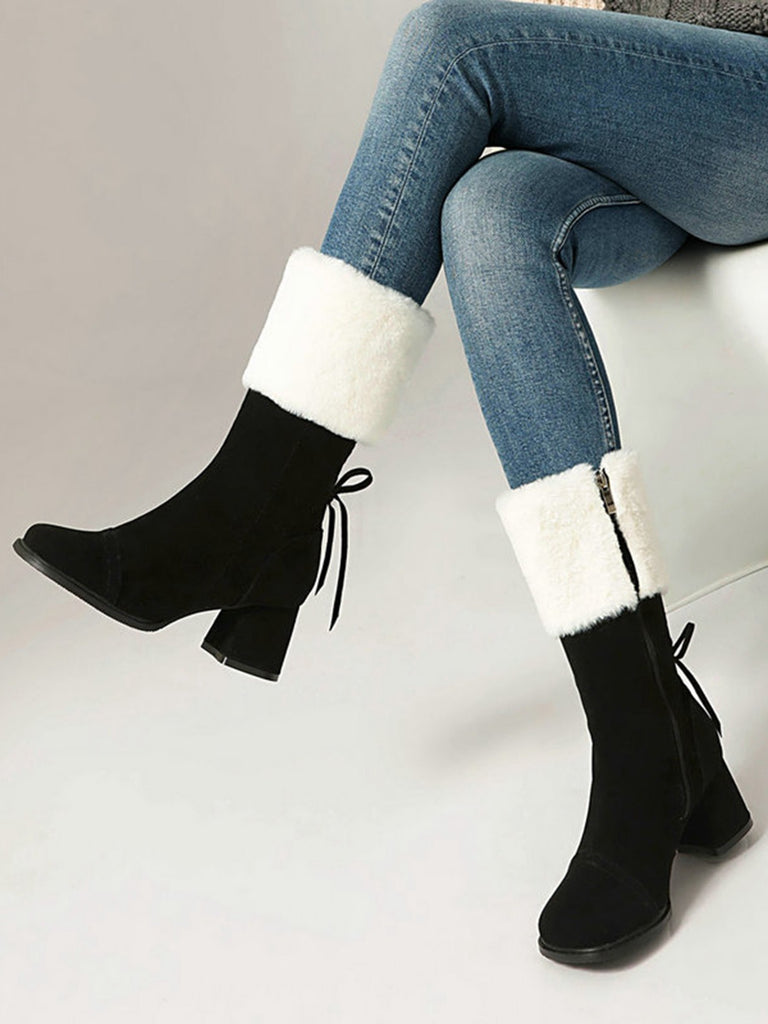 Vintage Contrasted Suede Plush Chunky Boots - vintage fashion, retro style