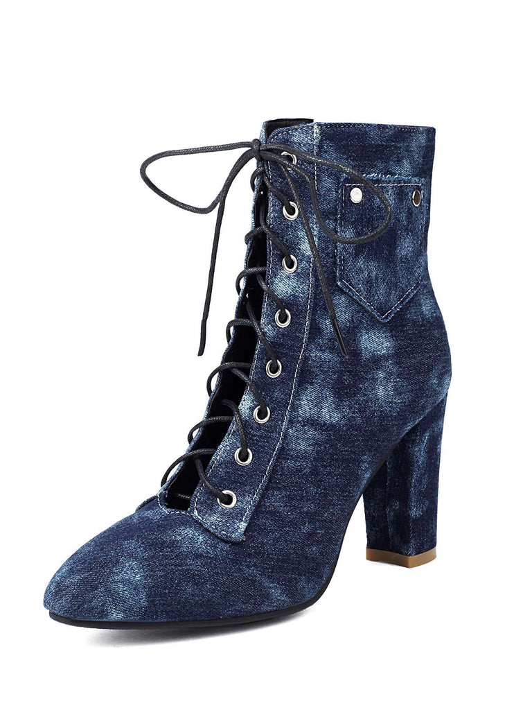She finds her 1950s story in this Vintage Denim Lace-Up High Heel Boots