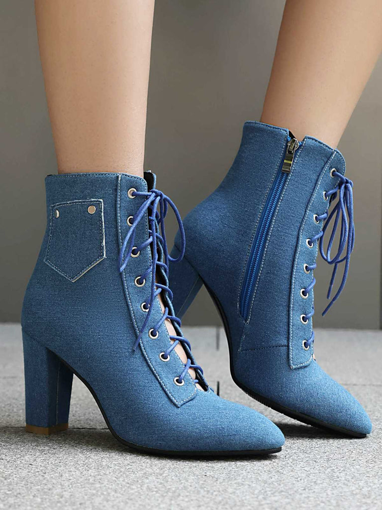 Vintage Denim Lace-Up High Heel Boots — 1950s vintage charm for her modern wardrobe