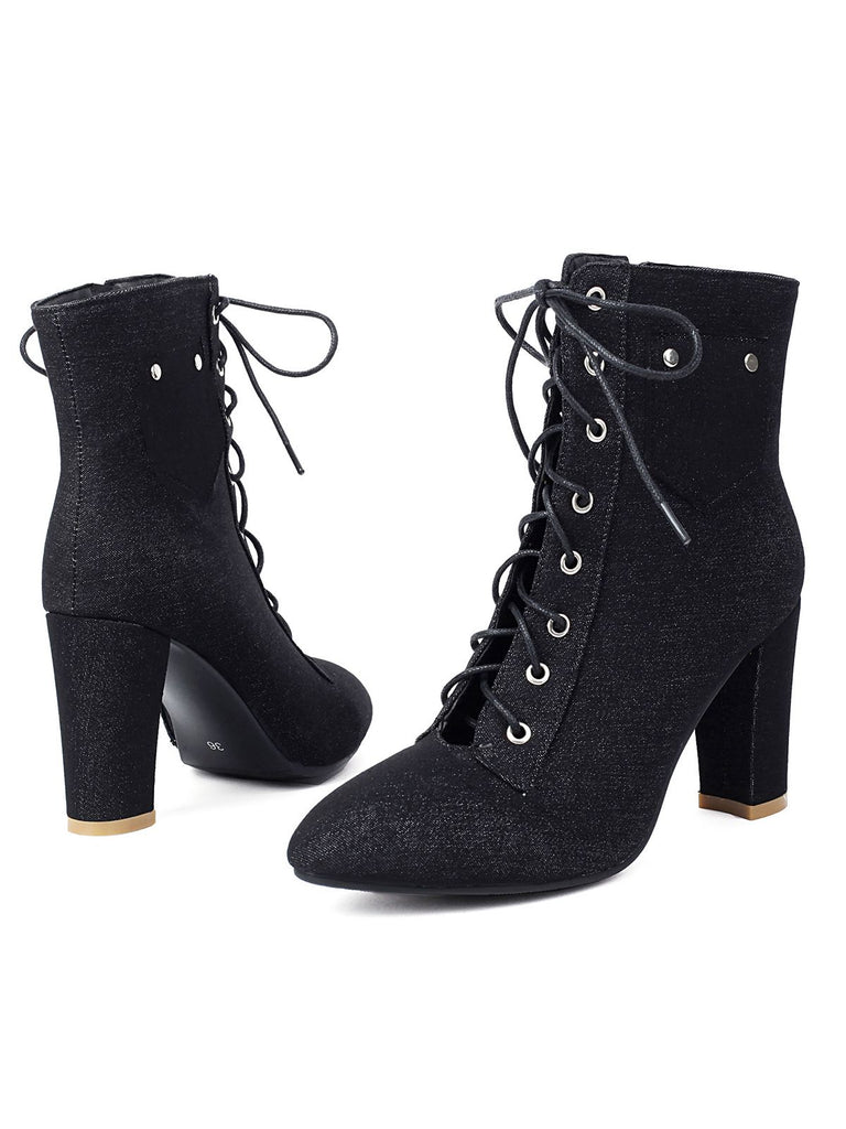 This Vintage Denim Lace-Up High Heel Boots whispers 1950s secrets to those who notice