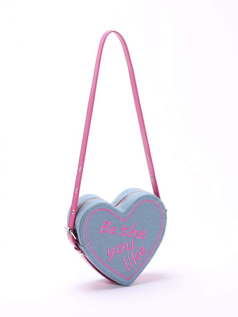 Vintage Denim Letter Embroidered Sling Heart Bag - vintage fashion, retro style, elegant red