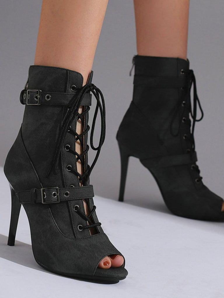 Vintage Denim Peep Toe Stiletto Heel Shoes - vintage shoes, retro heels