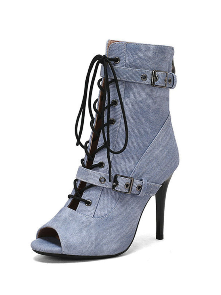 Vintage Denim Peep Toe Stiletto Heel Shoes - vintage shoes, retro heels
