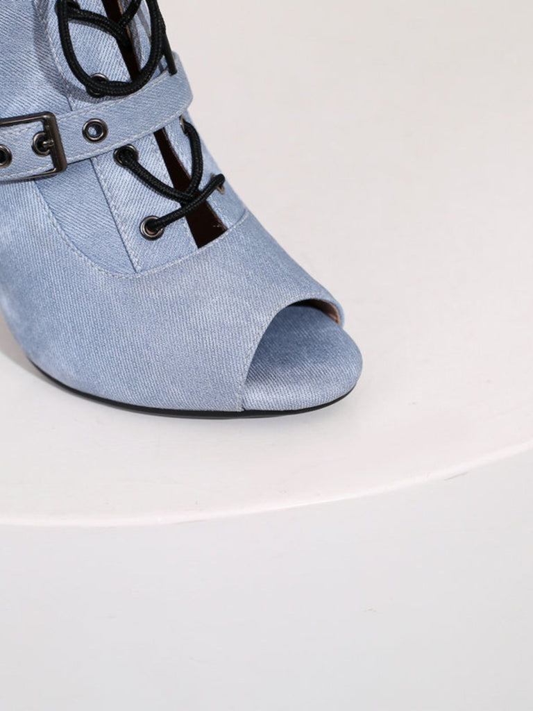 Vintage Denim Peep Toe Stiletto Heel Shoes - vintage shoes, retro heels