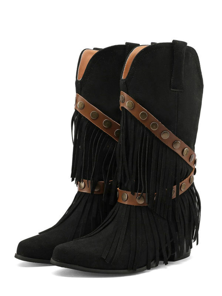 Vintage Denim Western Cowboy Tassel Mid-Calf Boots: beautiful vintage fashion, retro style, classic elegance with timeless appeal