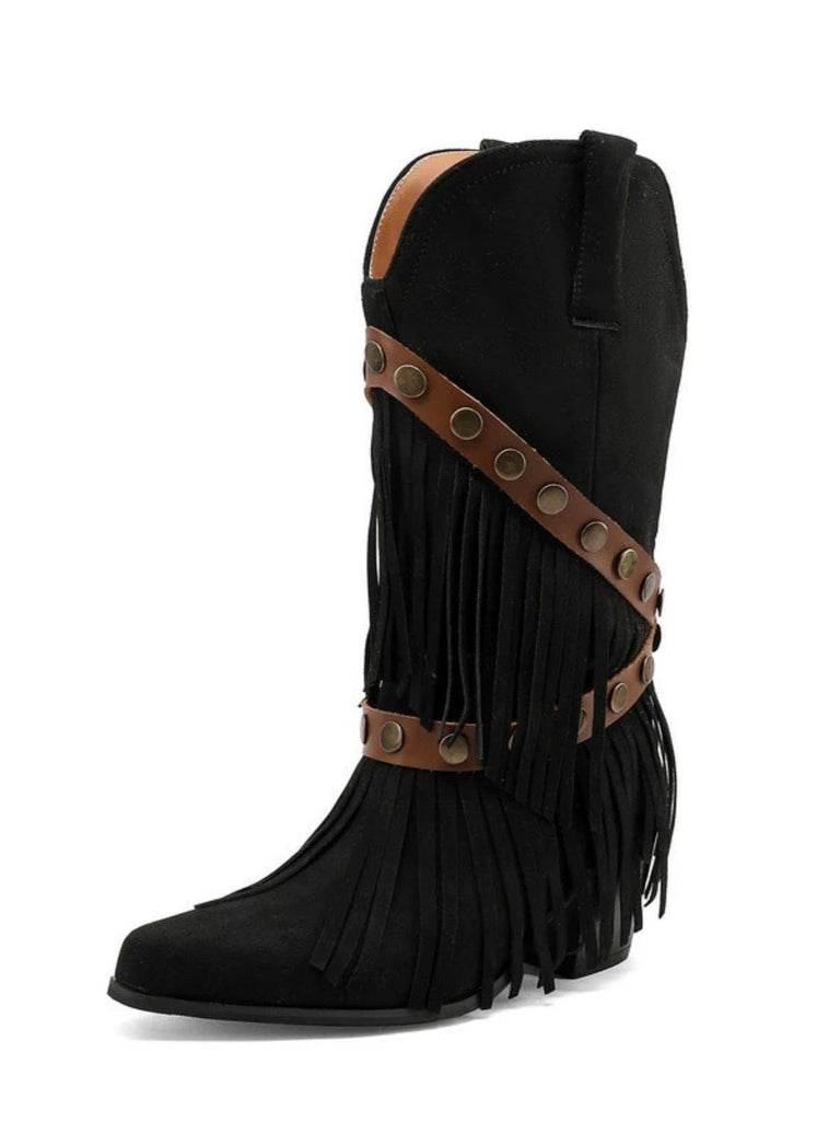 Vintage Denim Western Cowboy Tassel Mid-Calf Boots - vintage fashion, retro style, classic elegance for vintage lovers