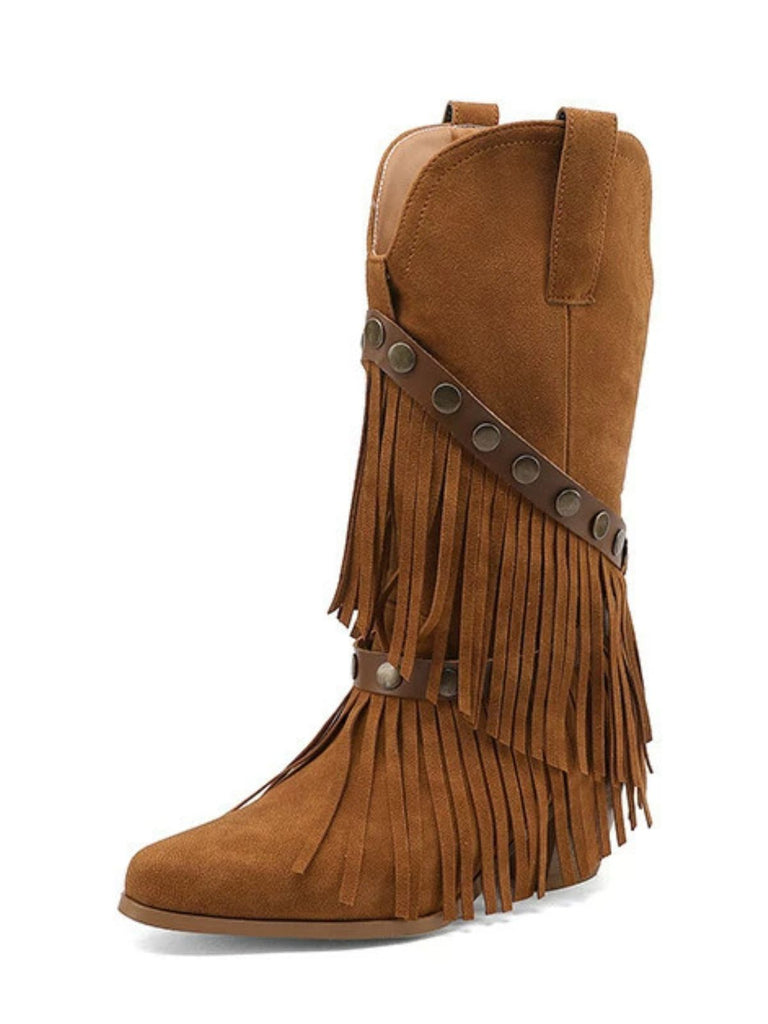 Vintage Denim Western Cowboy Tassel Mid-Calf Boots: beautiful vintage fashion, retro style, classic elegance with timeless appeal