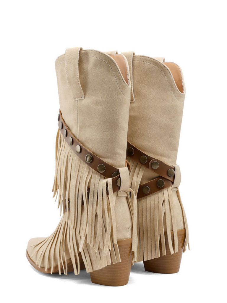 Vintage Denim Western Cowboy Tassel Mid-Calf Boots: beautiful vintage fashion, retro style, classic elegance with timeless appeal