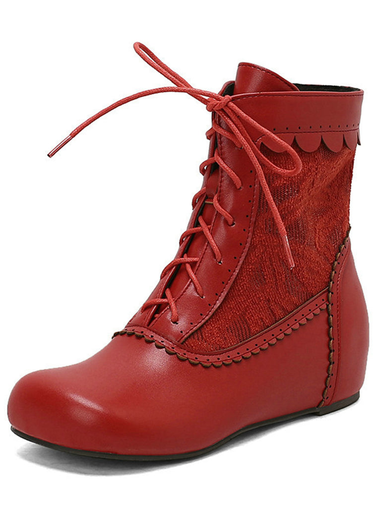 Vintage Embroidered Lace-Up Inner Heel Boots - vintage shoes, retro heels, elegant red