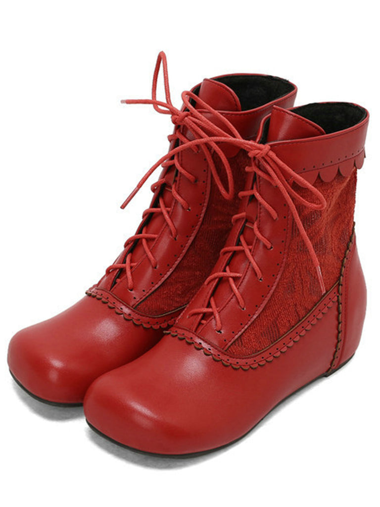 Vintage Embroidered Lace-Up Inner Heel Boots - vintage shoes, retro heels, elegant red