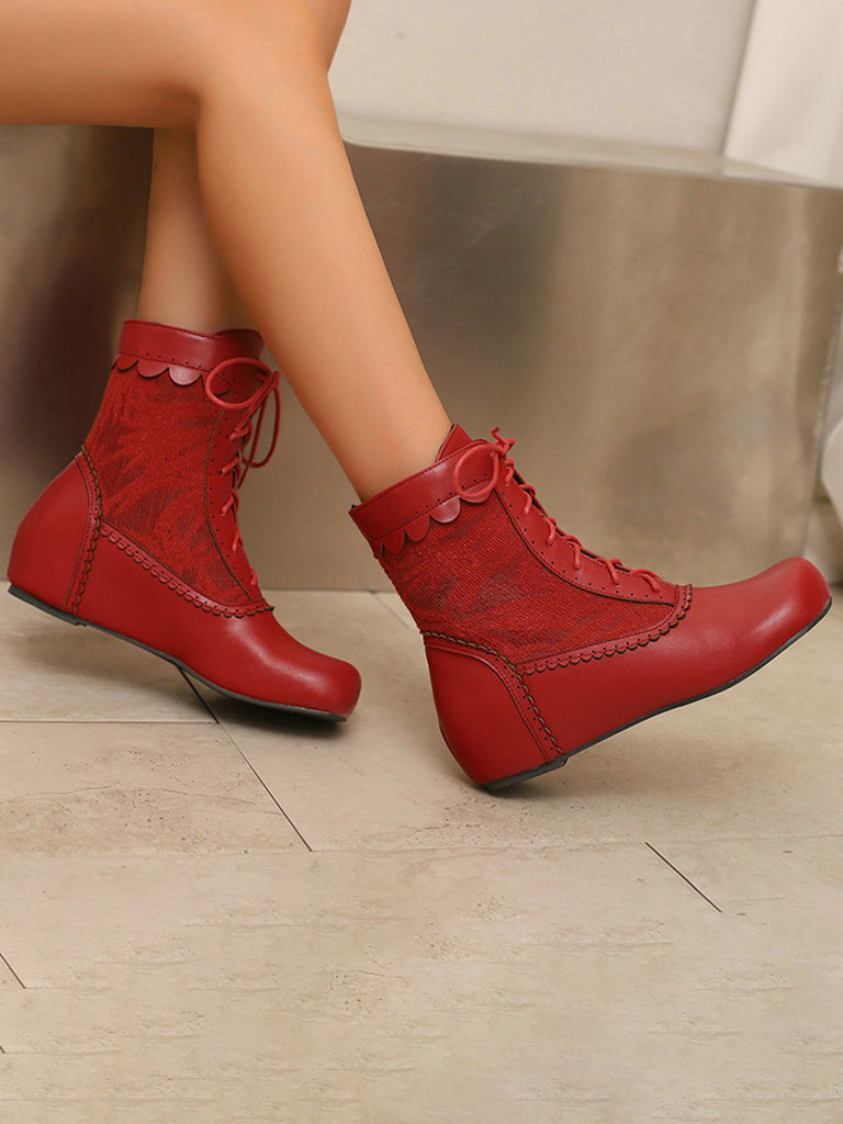 Vintage Embroidered Lace-Up Inner Heel Boots - vintage shoes, retro heels, elegant red