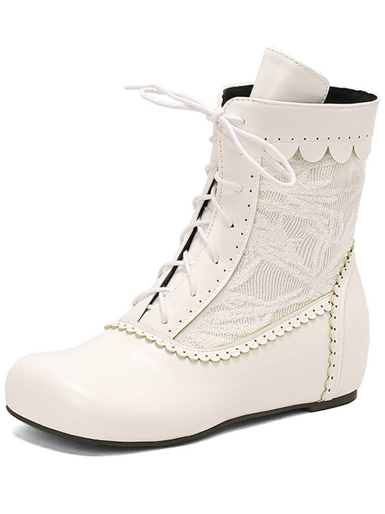 Vintage Embroidered Lace-Up Inner Heel Boots - vintage shoes, retro heels, elegant red