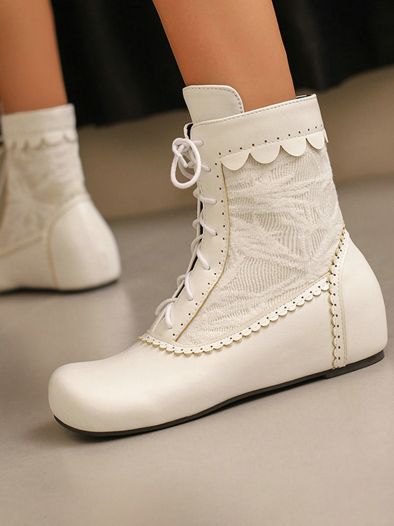 Vintage Embroidered Lace-Up Inner Heel Boots - vintage shoes, retro heels, elegant red