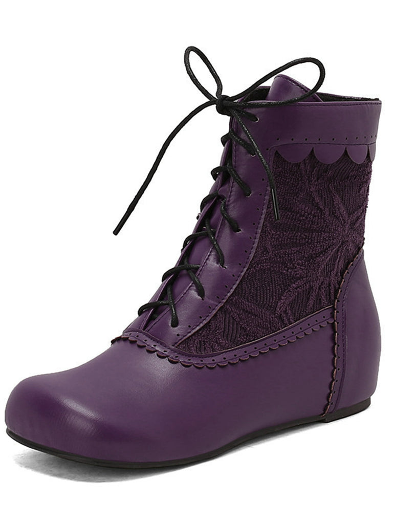 Vintage Embroidered Lace-Up Inner Heel Boots - vintage shoes, retro heels, elegant red