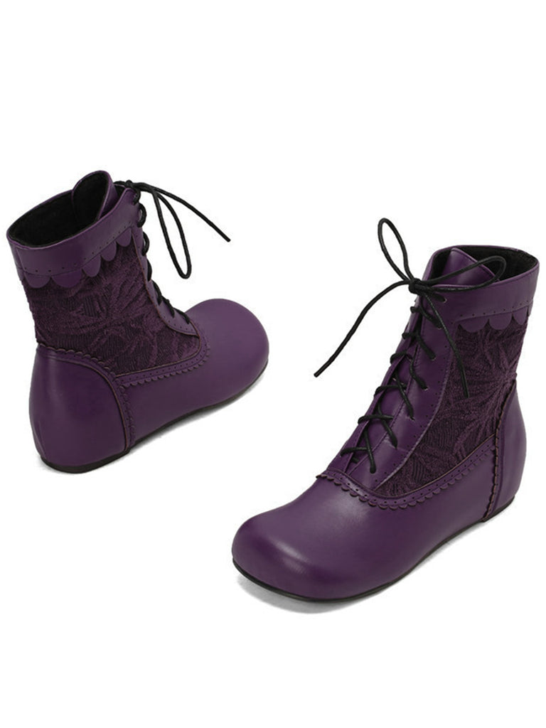 Vintage Embroidered Lace-Up Inner Heel Boots - vintage shoes, retro heels, elegant red