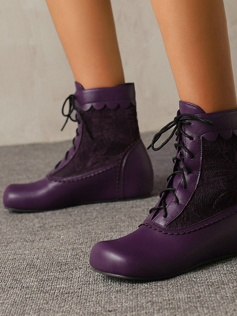 Vintage Embroidered Lace-Up Inner Heel Boots - vintage shoes, retro heels, elegant red