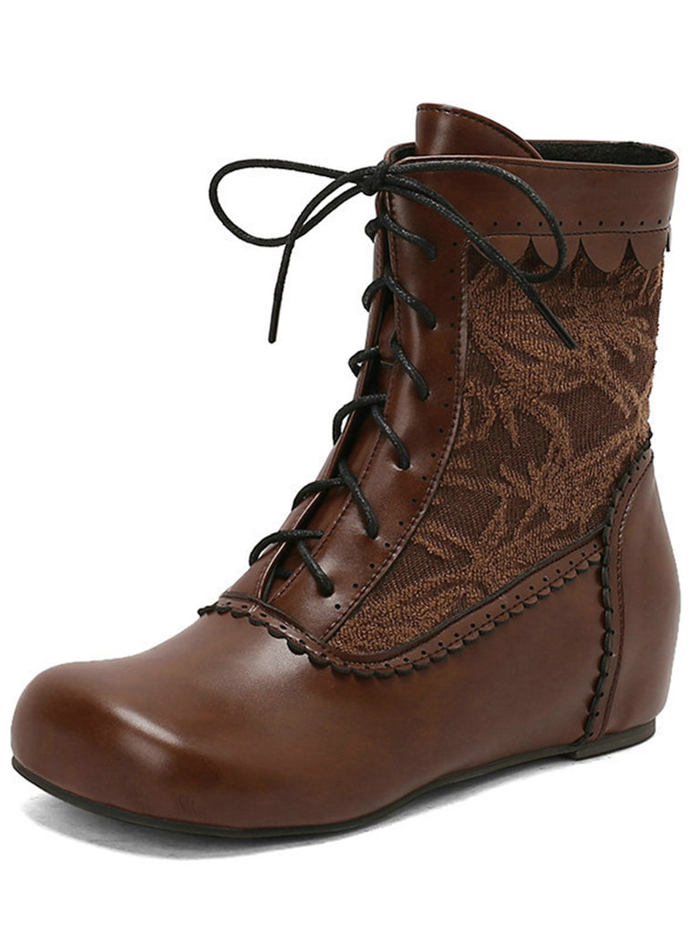 Vintage Embroidered Lace-Up Inner Heel Boots - vintage shoes, retro heels, elegant red