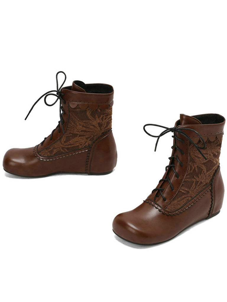 Vintage Embroidered Lace-Up Inner Heel Boots - vintage shoes, retro heels, elegant red