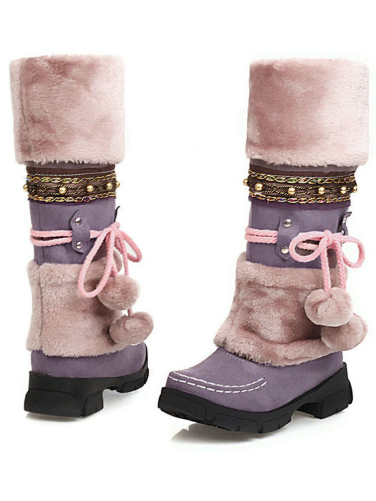 Vintage Faux Fur Pom-Pom Winter Snow Boots - vintage fashion, retro style