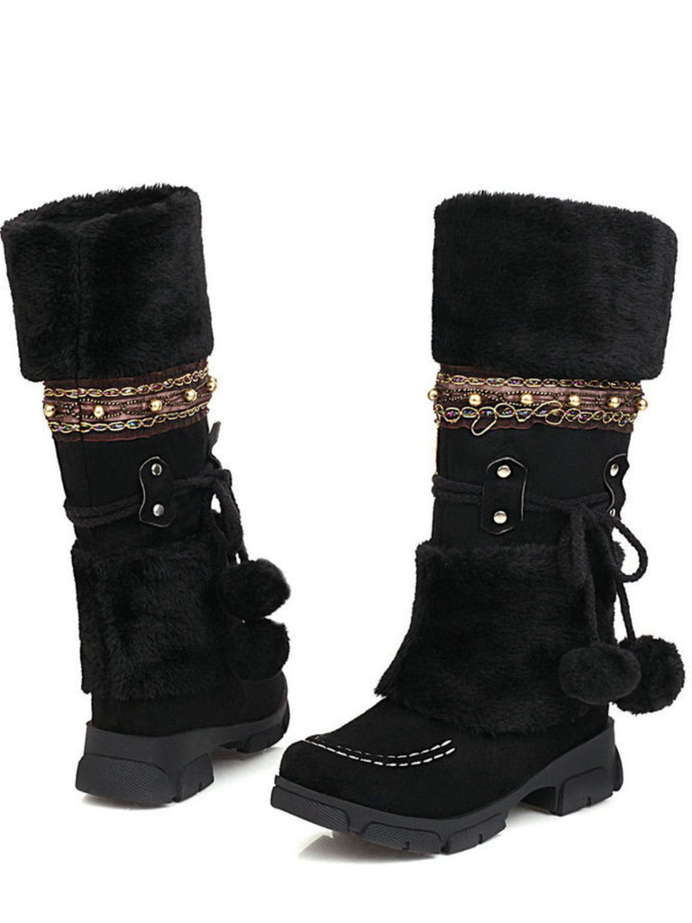 Vintage Faux Fur Pom-Pom Winter Snow Boots - vintage fashion, retro style
