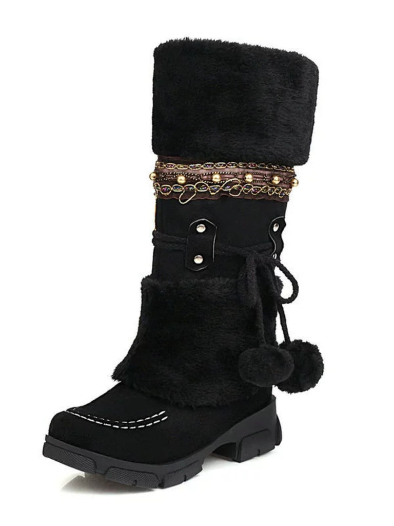 Vintage Faux Fur Pom-Pom Winter Snow Boots - vintage fashion, retro style