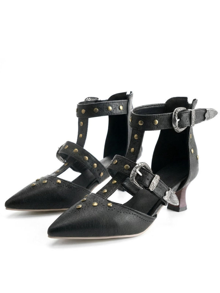 Vintage Faux Leather Pointed Toe Studded Sandals - vintage fashion, retro style, classic elegance for vintage lovers