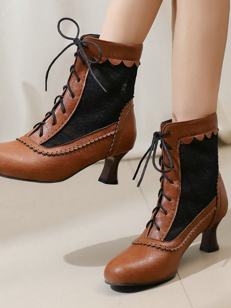 Vintage Floral Lace Low-Heeled Boots - vintage shoes, retro heels