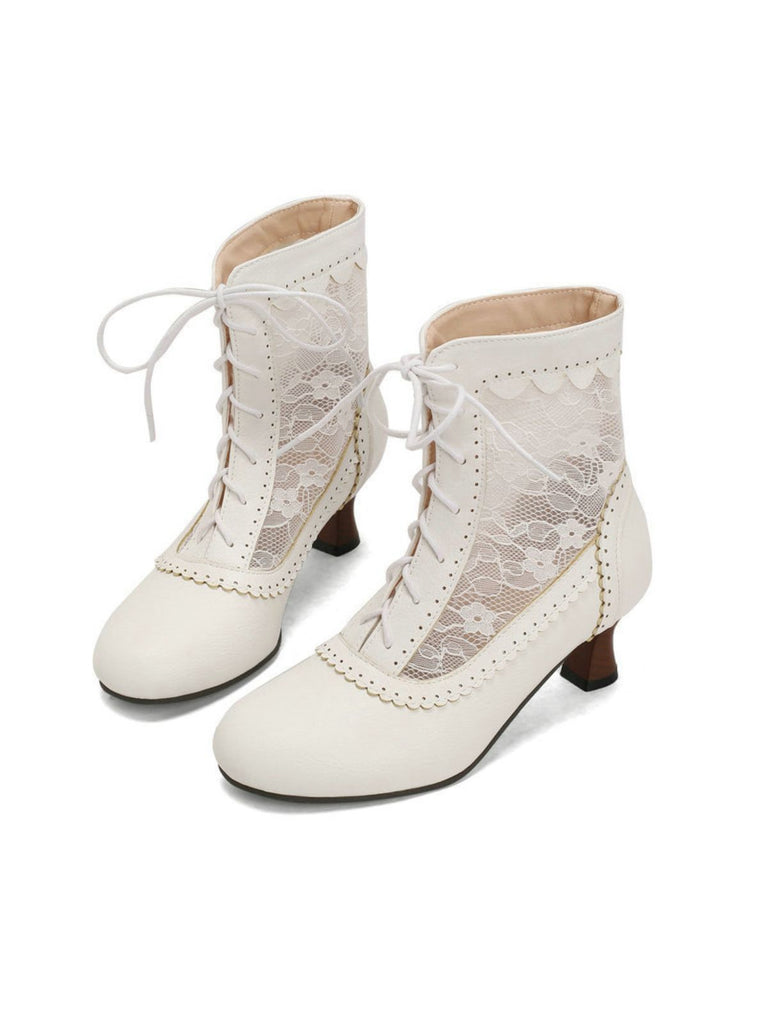 Vintage Floral Lace Low-Heeled Boots - vintage shoes, retro heels