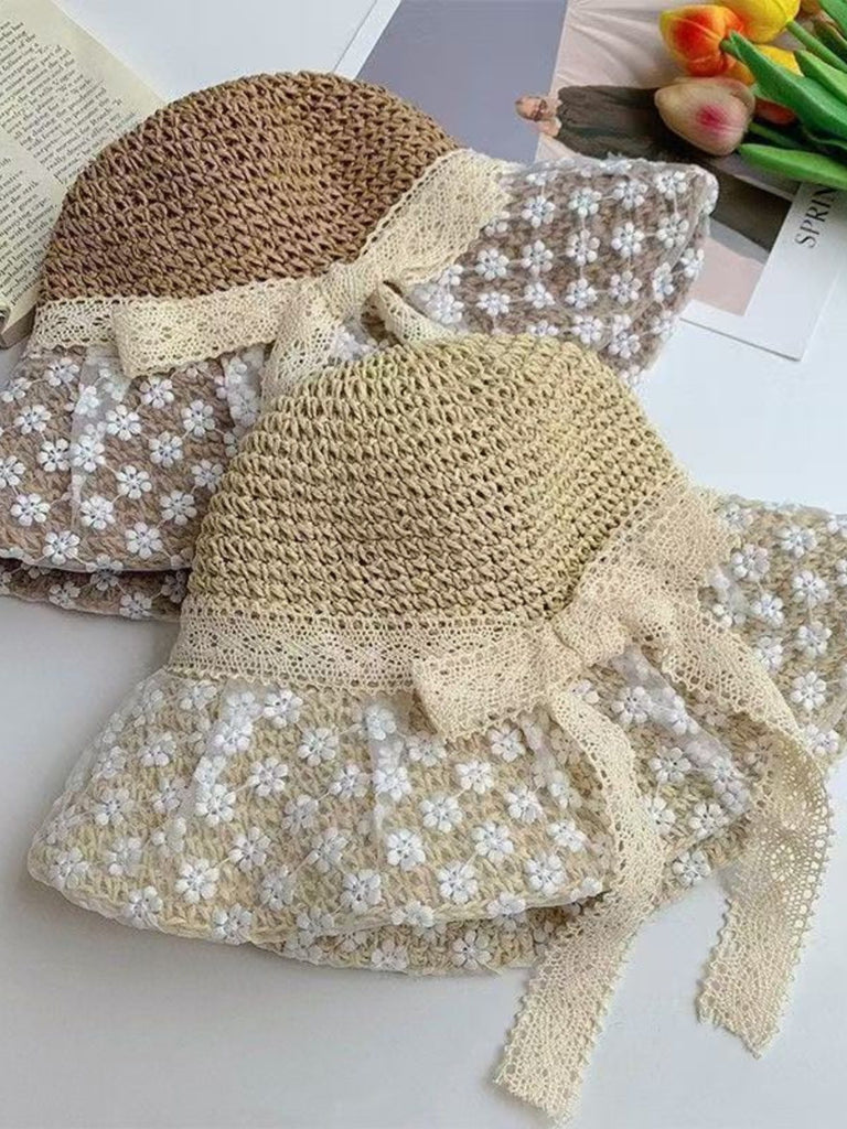 Vintage Floral Lace Tie Crocheted Straw Hat - vintage fashion, retro style
