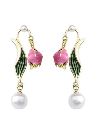Vintage Gold Edge Tulip Pearl Earrings - vintage fashion, retro style, glamorous gold