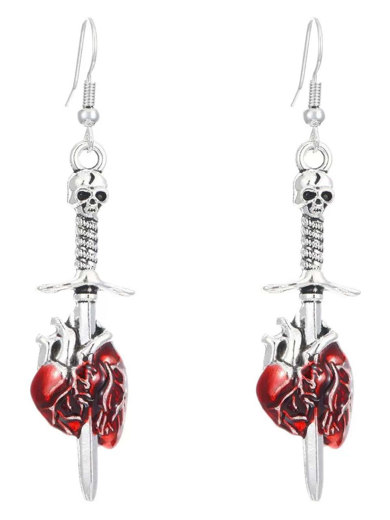 Vintage Halloween Skull Sword Heart Earrings - vintage fashion, retro style