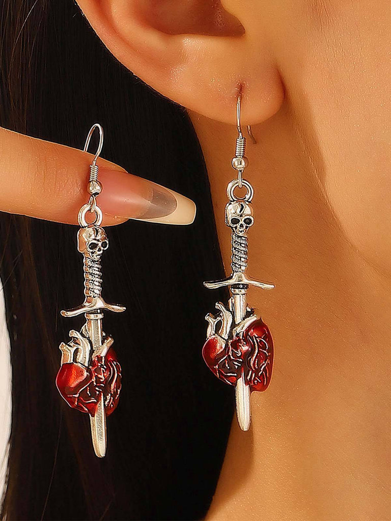 Vintage Halloween Skull Sword Heart Earrings - vintage fashion, retro style