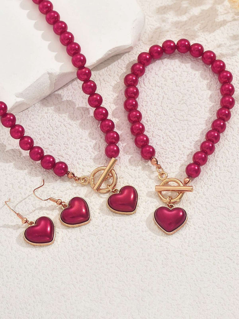 Vintage Heart Pearls Necklace & Bracelet & Earring Set - vintage fashion, retro style