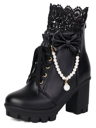 Vintage Lace Beaded Bow Chunky Heels Boots - vintage shoes, retro heels