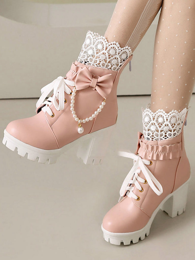 Vintage Lace Beaded Bow Chunky Heels Boots - vintage shoes, retro heels