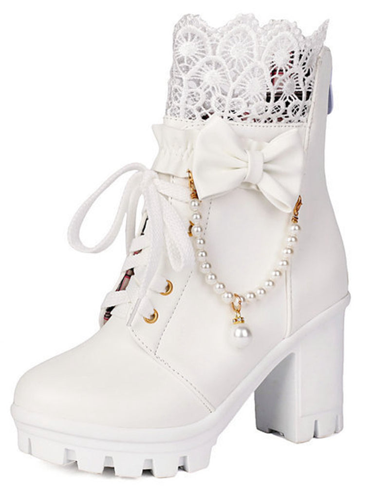 Vintage Lace Beaded Bow Chunky Heels Boots - vintage shoes, retro heels