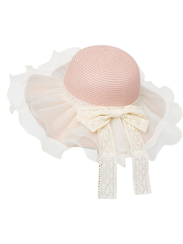 Vintage Lace Bow Sheer Ruffle Brim Sun Hat - vintage fashion, retro style