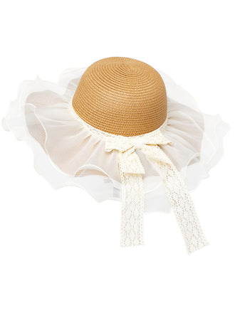 Vintage Lace Bow Sheer Ruffle Brim Sun Hat - vintage fashion, retro style