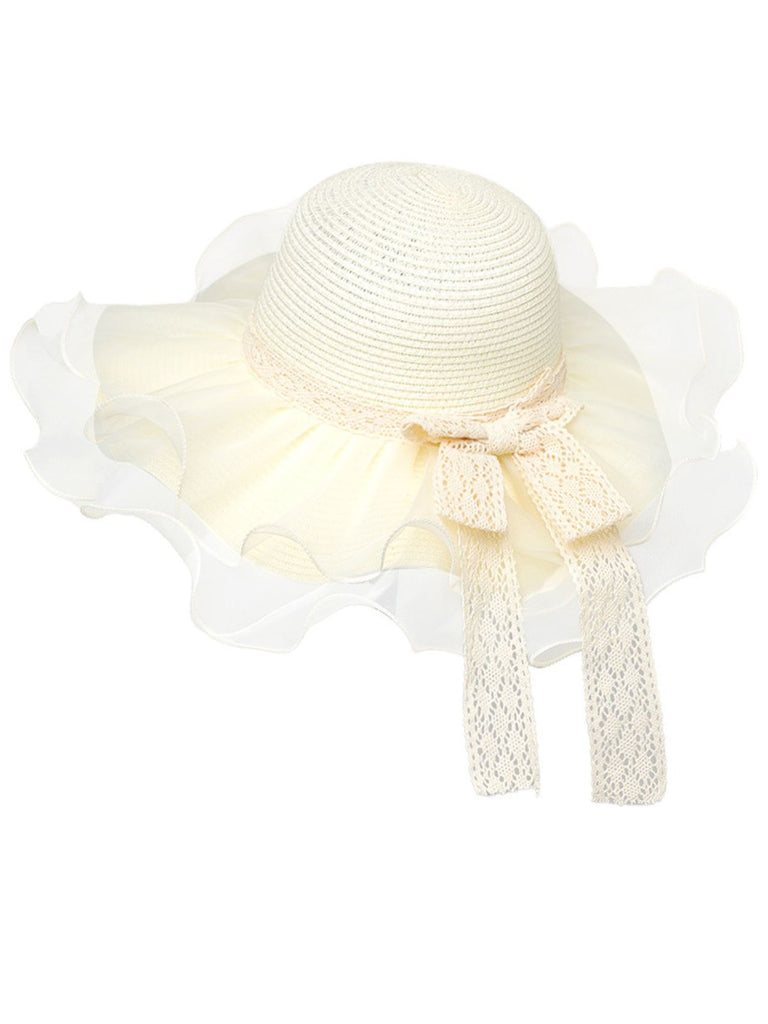 Vintage Lace Bow Sheer Ruffle Brim Sun Hat - vintage fashion, retro style