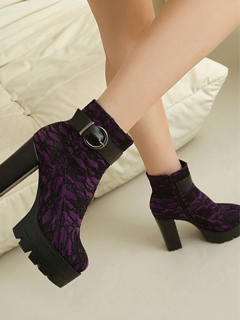 Vintage Lace Chunky Heel Platform Ankle Boots - vintage shoes, retro heels