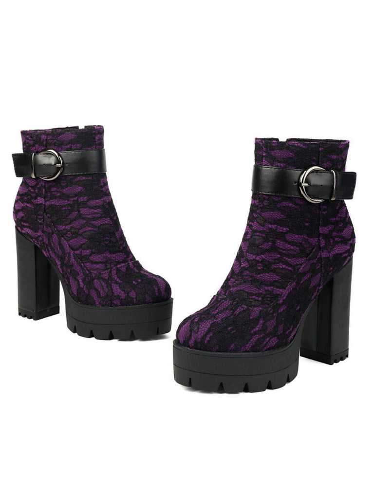 Vintage Lace Chunky Heel Platform Ankle Boots - vintage shoes, retro heels