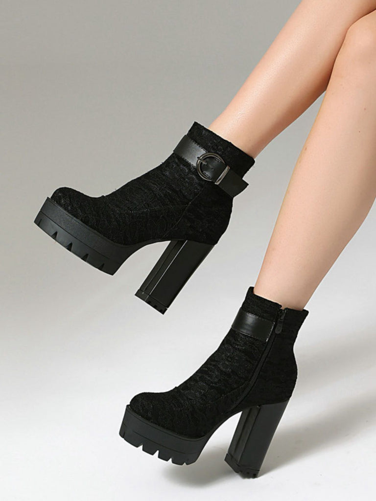 Vintage Lace Chunky Heel Platform Ankle Boots - vintage shoes, retro heels