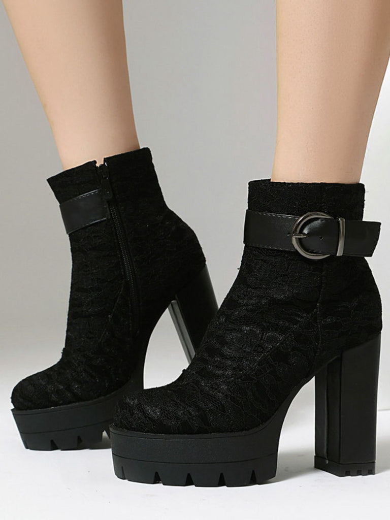 Vintage Lace Chunky Heel Platform Ankle Boots - vintage shoes, retro heels